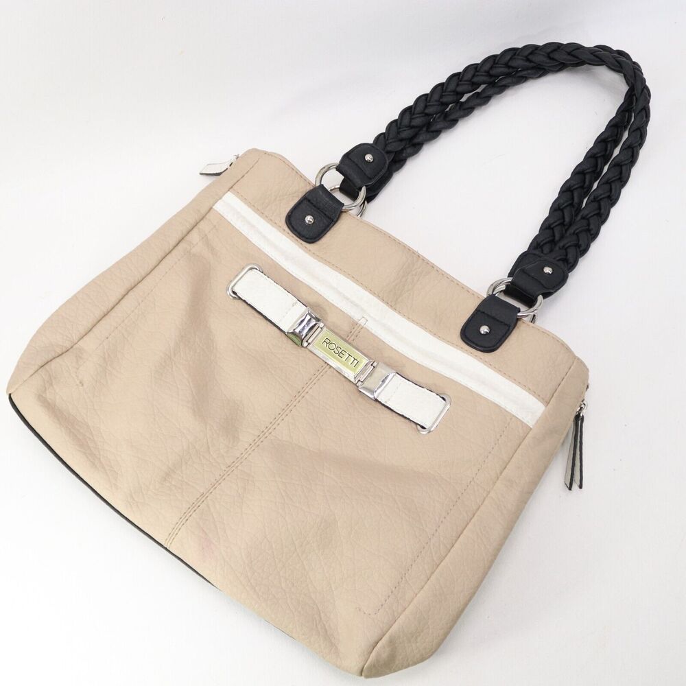 Rosetti Handbag M Tan Cream Black Faux Leather Expands Pockets Shoulder Tote Bag